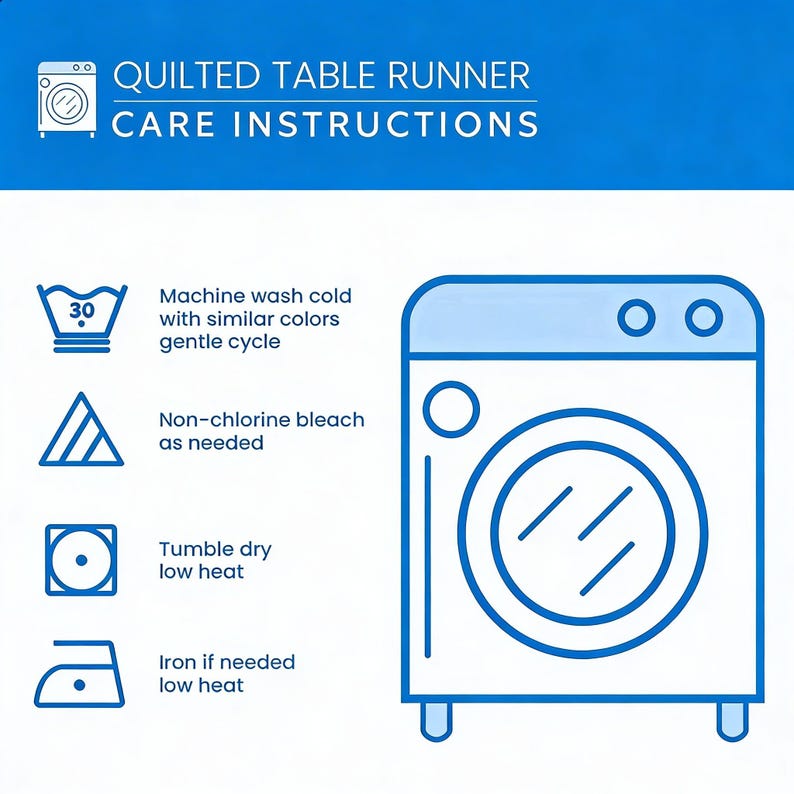 May include: A blue and white graphic detailing care instructions for a quilted table runner. Instructions include washing at 30 degrees, non-chlorine bleach, tumble dry low heat, and iron if needed on low heat.