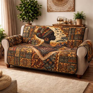 African American Woman Sofa Cover Quilt, Afro Queen Couch Protector, Ethnic Tribal Pattern Furniture Throw, Melanin Magic Living Room Decor