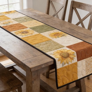 Quilted Sunflower Table Runner, Rustic Autumn Patchwork Farmhouse Decor, Handmade Fall Floral Harvest Table Cloth, Housewarming Kitchen Gift