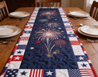 Quilted Patriotic Table Runner, Fourth of July Table Decor, Fireworks Table Runner, Americana Kitchen Decor, Independence Day Dining Gift