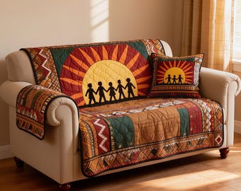 Quilted Sofa Cover African Sun Family Patchwork Couch Protector Soft Cotton Padded Slipcover Ethnic Boho Decor