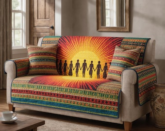 Quilted Sofa Cover Family Silhouette Sunburst Couch Protector Boho Ethnic Pattern Living Room Decor