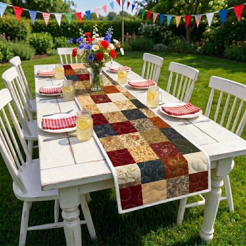 May include: A garden table set for a meal, featuring a patchwork table runner with various patterns and colours. White chairs surround the table, which is set with plates, glasses, and cutlery. A vase of flowers and bunting complete the scene.