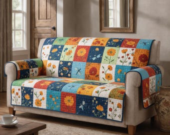 Quilted Sofa Cover Colorful Floral Patchwork Couch Protector Soft Cotton Padded Slipcover Garden Farmhouse Decor