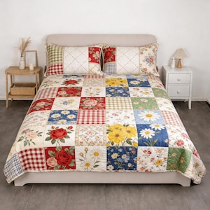 Floral Patchwork Quilt Bedding Set, Cottagecore Flower Quilted Bedspread, Retro Daisy Rose Comforter, Rustic Farmhouse Bedroom Decor Gift