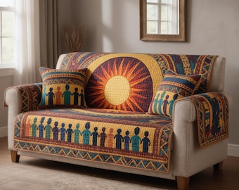 Quilted Sofa Cover Ethnic Family Pattern Sun Couch Protector Boho Tribal Living Room Decor