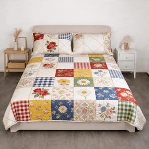 May include: A patchwork quilt and two matching pillowcases on a bed. The quilt features a variety of floral and gingham patterns in red, yellow, blue, and green squares. The pillowcases have floral and diamond patterns.