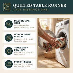 May include: A floral patterned, rolled-up quilted table runner is being put into a washing machine. The image shows care instructions: machine wash cold (30&deg;C max), non-chlorine bleach, tumble dry low heat, and iron if needed.