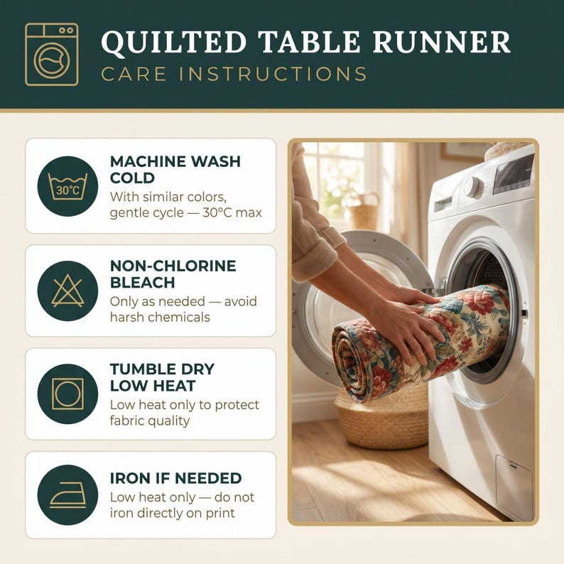 May include: A floral patterned, rolled-up quilted table runner is being put into a washing machine. The image shows care instructions: machine wash cold (30&deg;C max), non-chlorine bleach, tumble dry low heat, and iron if needed.