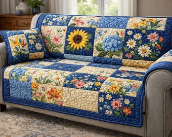 Hummingbird and Flower Quilted Sofa Cover, Nature-Inspired Couch Protector, Colorful Floral Throw, Bird and Flower Home Decor