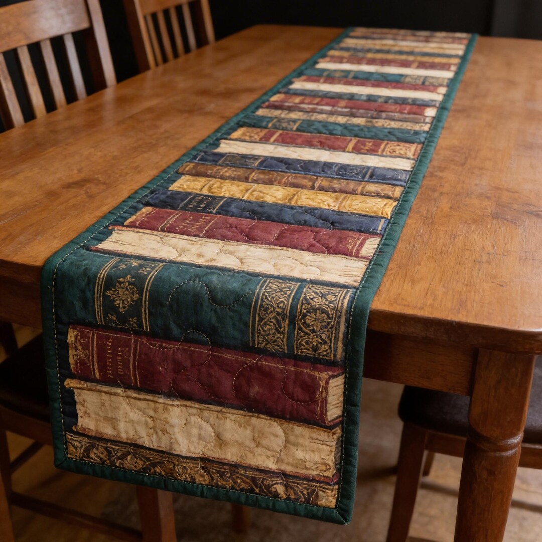 Vintage Library Bookshelf Table Runner,quilted Book Lover Gift, Dark ...