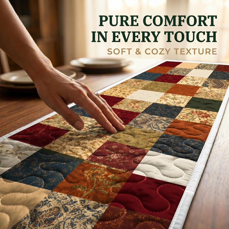 May include: A patchwork table runner in shades of red, blue, beige, and green, with a white border. The image includes the text "PURE COMFORT IN EVERY TOUCH" and "SOFT & COZY TEXTURE". The runner is placed on a wooden table.