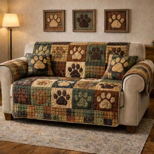 Op de afbeelding: Een beige bank met een quilt met pootafdrukken, bijpassende kussens en armhoezen. De quilt heeft een patchwork ontwerp met bruine, groene en bruine pootafdrukken. Drie ingelijste kunstwerken met pootafdrukken hangen boven de bank.