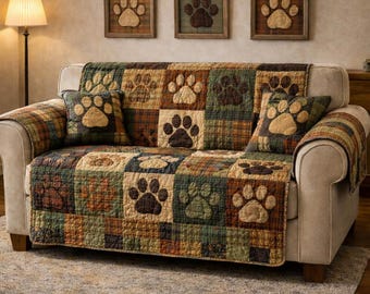 Paw Print Quilted Sofa Cover, Pet Lover Couch Protector, Plaid Patchwork Throw, Animal Print Decor, Cozy Dog or Cat Sofa Cover