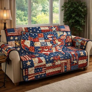 USA Flag Sofa Cover Quilt, Patriotic Map Couch Protector, American Stars and Stripes Furniture Throw, Red White Blue Home Decor Gift