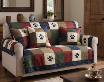 Quilted Sofa Cover Dog Paw Patchwork Rustic Couch Protector Soft Cotton Padded Slipcover Pet Lover Farmhouse Decor
