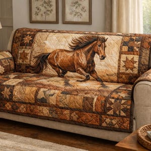 Puede incluir: Un sofá cubierto con una colcha acolchada que presenta un caballo marrón corriendo. La colcha tiene un diseño de patchwork en tonos marrones, beige y crema, con patrones de estrellas y geométricos. El sofá tiene tapicería beige y fundas de brazo a juego.