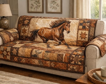 Running Horse Quilted Sofa Cover, Equestrian Couch Protector, Rustic Patchwork Throw, Western Home Decor, Horse Lover Sofa Cover