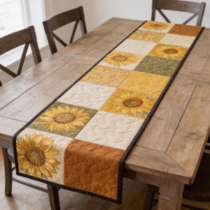 Quilted Sunflower Table Runner, Floral Patchwork Dining Decor, Rustic Farmhouse Autumn Kitchen Table Cloth, Cotton Anniversary Gift for Mom