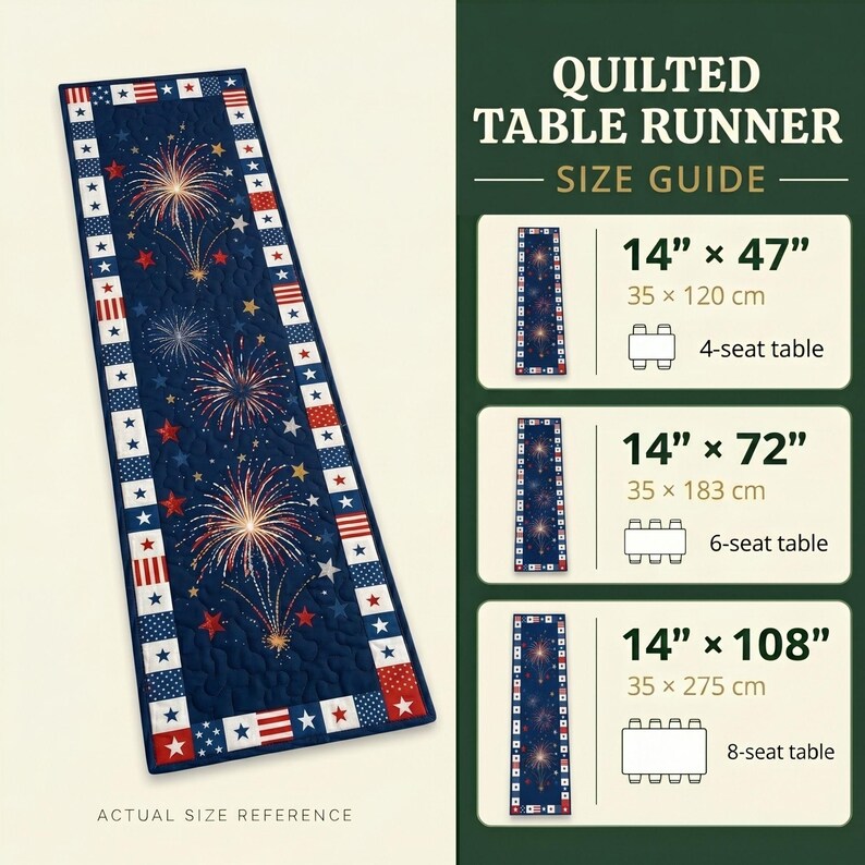 May include: A navy blue quilted table runner featuring a fireworks design. The runner is 35 cm wide and available in 120, 183, and 275 cm lengths. The size guide shows the runner on 4, 6, and 8-seat tables.