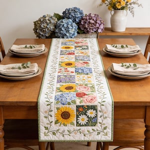 Könnte beinhalten: Ein floraler Tischläufer mit einem Patchwork-Design mit Sonnenblumen, Rosen, Hortensien und Gänseblümchen. Der Läufer ist mit einem grünen Rankenmuster eingefasst und liegt auf einem Holztisch. Teller und Servietten sind auf dem Tisch.