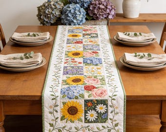 Handmade Floral Quilted Table Runner, Sunflower and Hydrangea Patchwork Table Decor, Rustic Farmhouse Kitchen Dining Decor, Cottagecore Gift