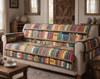 Quilted Sofa Cover Bookshelf Library Print Couch Protector Soft Cotton Padded Slipcover Book Lover Decor
