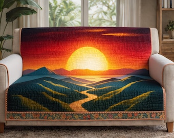 Quilted Sofa Cover Sunset Mountain Landscape Couch Protector Scenic Nature Living Room Decor