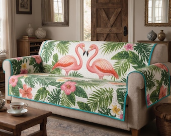 Tropical Flamingo Quilted Sofa Cover, Pink Flamingos Hibiscus & Palm Leaves Couch Protector, Exotic Beach Throw, Coastal Paradise Furniture
