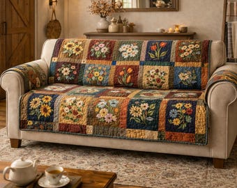 Colorful Floral Quilted Sofa Cover, Vintage Couch Protector, Patchwork Flower Throw, Rustic Home Decor, Nature-Inspired Couch Cover