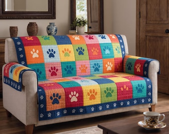 Quilted Sofa Cover Colorful Dog Paw Patchwork Couch Protector Soft Cotton Padded Slipcover Pet Lover Decor