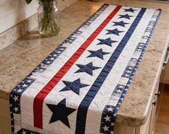 Patriotic Stars Table Runner, American Flag Quilted Table Decor, Red White Blue Farmhouse Table Runner, 4th of July Independence Day Decor