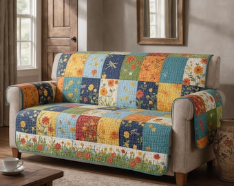 Quilted Sofa Cover Floral Patchwork Colorful Couch Protector Soft Cotton Padded Slipcover Farmhouse Garden Decor