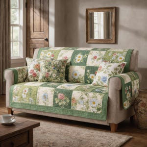 Pode incluir: Um sofá bege com uma colcha estampada floralmente e almofadas a condizer. A colcha apresenta um design de patchwork com quadrados verdes e brancos adornados com margaridas e rosas. As almofadas têm padrões florais semelhantes.