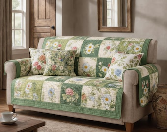 Green Floral Patchwork Sofa Cover, Cottagecore Couch Quilt, Vintage Flower Sofa Protector, Farmhouse Living Room Decor, Reversible Throw