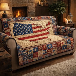 Patriotic USA Flag Sofa Cover Quilt, American Map Couch Protector, Vintage Stars and Stripes Furniture Throw, Americana Home Decor Gift