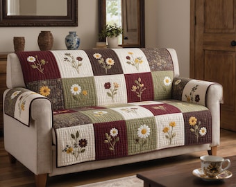 Quilted Sofa Cover Patchwork Daisy Floral Couch Protector Rustic Couch Cover