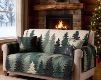 Quilted Sofa Cover Forest Pine Trees Couch Protector Soft Cotton Padded Slipcover Cozy Cabin Winter Decor