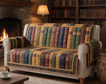 Quilted Sofa Cover Vintage Bookshelf Couch Protector Library Theme Cozy Reading Room Decor