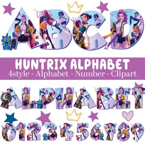 May include: A digital clipart set showcasing the alphabet, numbers, and the word "ALPHABET". The letters and numbers are adorned with illustrations of female characters in dynamic poses. The text "HUNTRIX ALPHABET" is also present in the design.