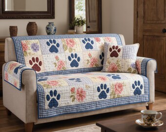 Quilted Sofa Cover Floral Dog Paw Patchwork Couch Protector Soft Cotton Padded Slipcover Pet Lover Cottage Decor