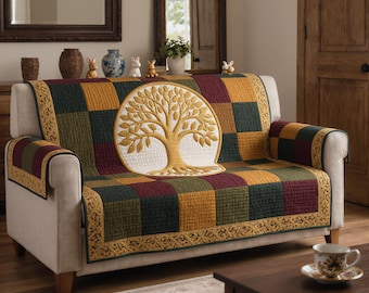 Quilted Sofa Cover Tree of Life Patchwork Rustic Couch Protector Soft Cotton Padded Slipcover Farmhouse Boho Decor