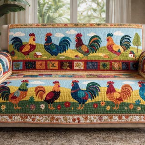 Puede incluir: Una funda de sofá acolchada con un patrón repetido de gallos coloridos sobre un fondo de cielo azul con nubes blancas, campos verdes y casitas. La funda tiene un borde floral y está diseñada para proteger el sofá.