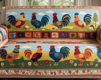 Quilted Sofa Cover Rooster Farm Patchwork Couch Protector Soft Cotton Padded Slipcover Country Farmhouse Decor