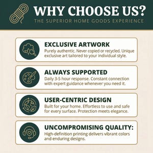 May include: A promotional graphic with the text "WHY CHOOSE US?" and "THE SUPERIOR HOME GOODS EXPERIENCE." It details "EXCLUSIVE ARTWORK," "ALWAYS SUPPORTED," "USER-CENTRIC DESIGN," and "UNCOMPROMISING QUALITY:" with supporting text.