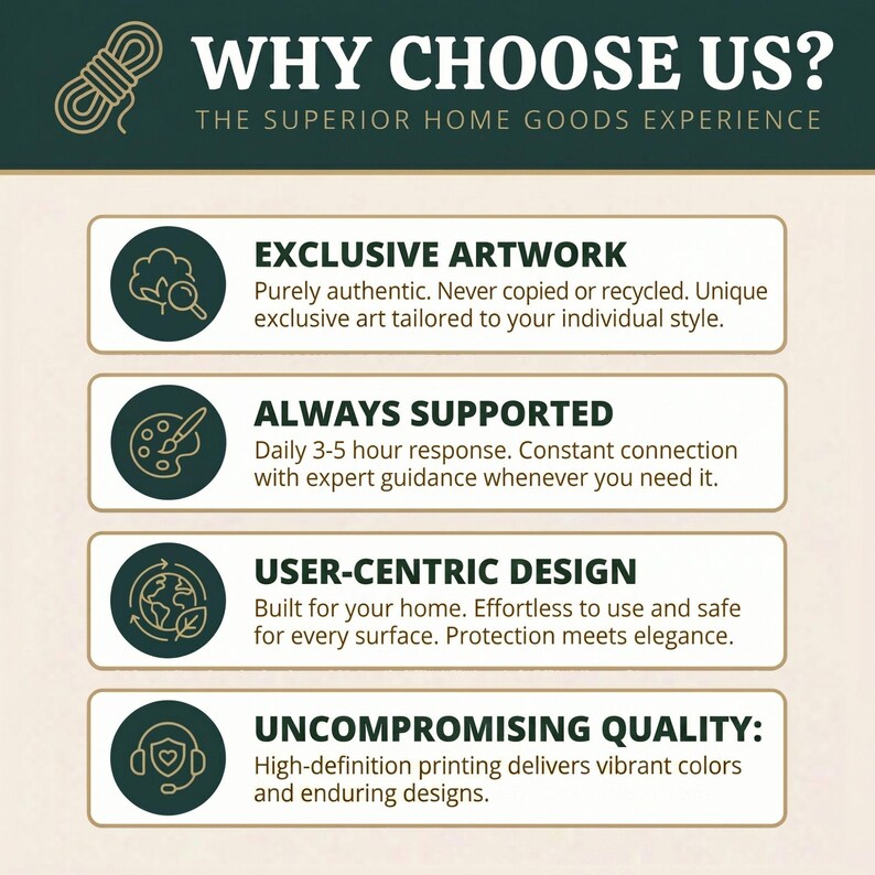 May include: A promotional graphic with the text "WHY CHOOSE US?" and "THE SUPERIOR HOME GOODS EXPERIENCE." It details "EXCLUSIVE ARTWORK," "ALWAYS SUPPORTED," "USER-CENTRIC DESIGN," and "UNCOMPROMISING QUALITY:" with supporting text.