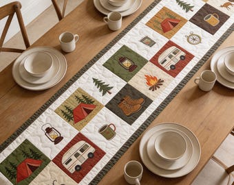 Quilted Camping Table Runner,Rustic Lodge Cabin Decor,Outdoors Adventure Gift,Forest Tent Camper Print Table Topper,Handmade Farmhouse Decor