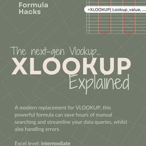 May include: A green and white graphic with the text "Formula Hacks" and "The next-gen Vlookup... XLOOKUP Explained". The graphic also includes a spreadsheet with the formula "=XLOOKUP(Lookup_value,..." and a description of the formula: "A modern replacement for VLOOKUP, this powerful formula can save hours of manual searching and streamline your data queries, whilst also handling errors. Excel level: intermediate."