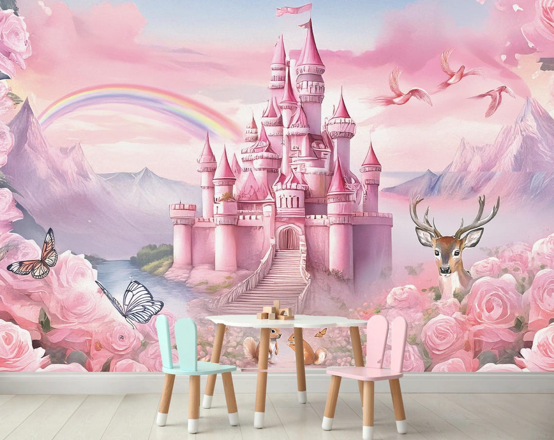 Pink Castle Wallpaper Fairy Tale Castle Wall Decal Castle With Deer ...