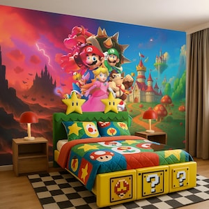 Mario Bros Wallpaper Rosa Schloss Wandtattoo Luigi Wall Art Koppa Wandbild Prinzessin Peach Donkey Kong Wandbild für Junge Zimmer Kinderzimmer